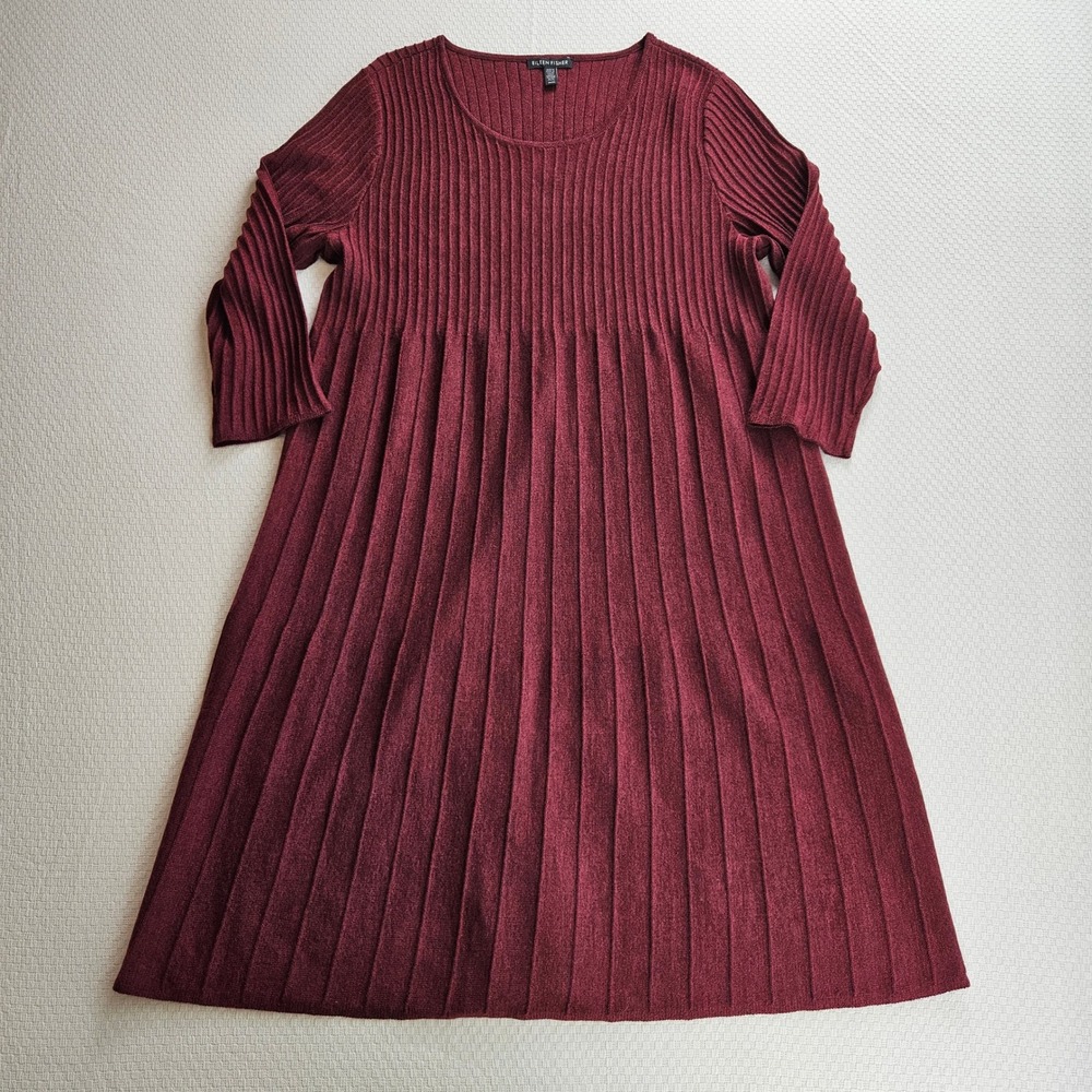Eileen Fisher Burgundy Red 100% Wool Ribbed Knit Fit Flare Sweater Dress M